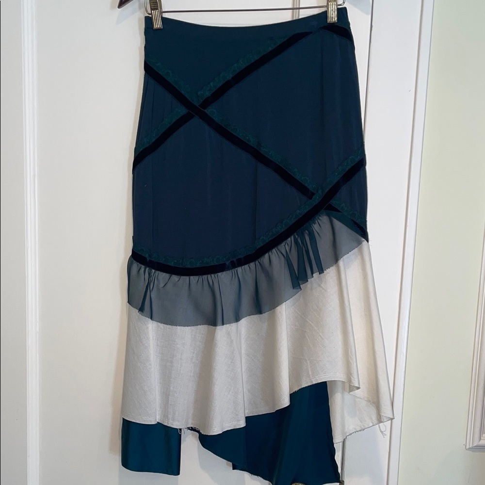 VINTAGE ISSEY MIYAKE  TEAL and Cream Asymmetrical Ruffle Skirt